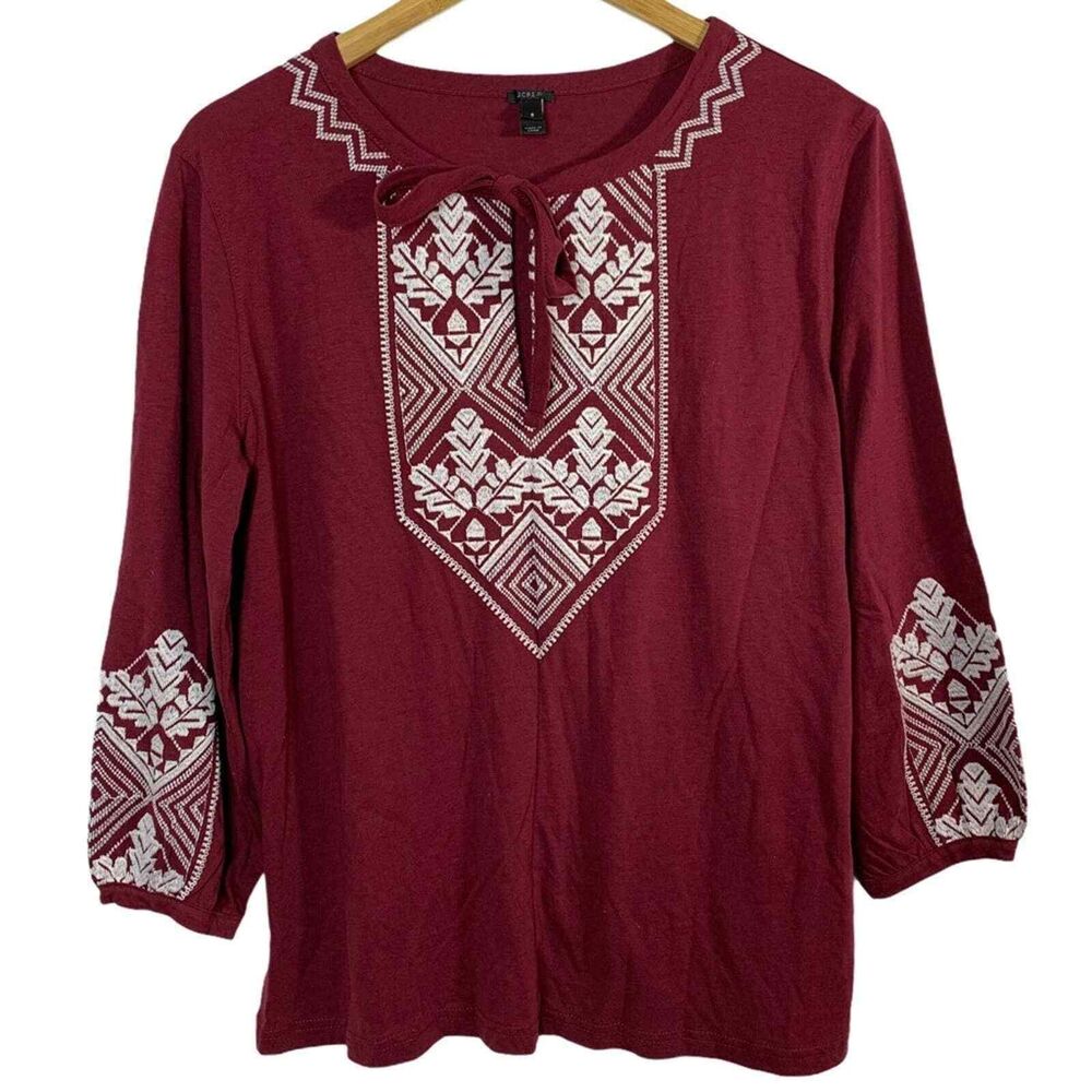 J. Crew burgundy boho embroidered blouse small
